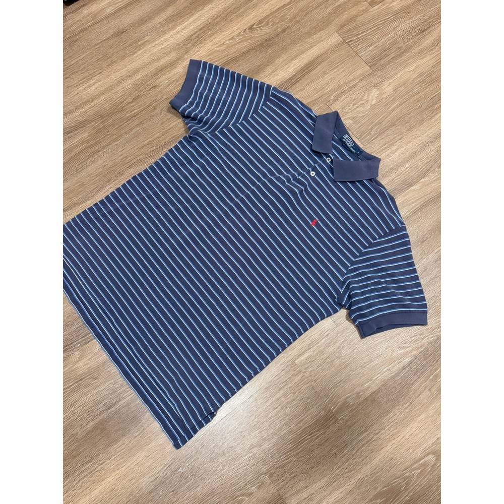 Polo Ralph Lauren Mens Large Navy Blue Striped Short Sleeve Pique Polo Shirt